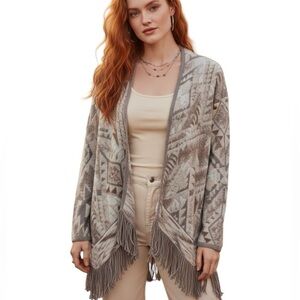 Lucky Brand XS Fringe Southwestern Long Cardigan Neutral Minimalist Boho Casual